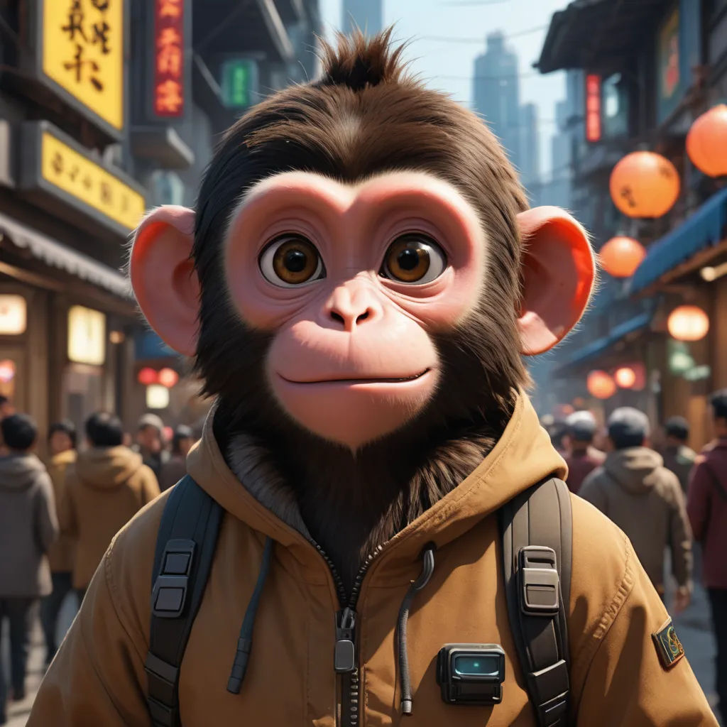 a monkey with a backpack on a city street with people in the background and a man in a brown jacket, photorealism, a character portrait, Chris LaBrooy, unreal engine 5 quality render