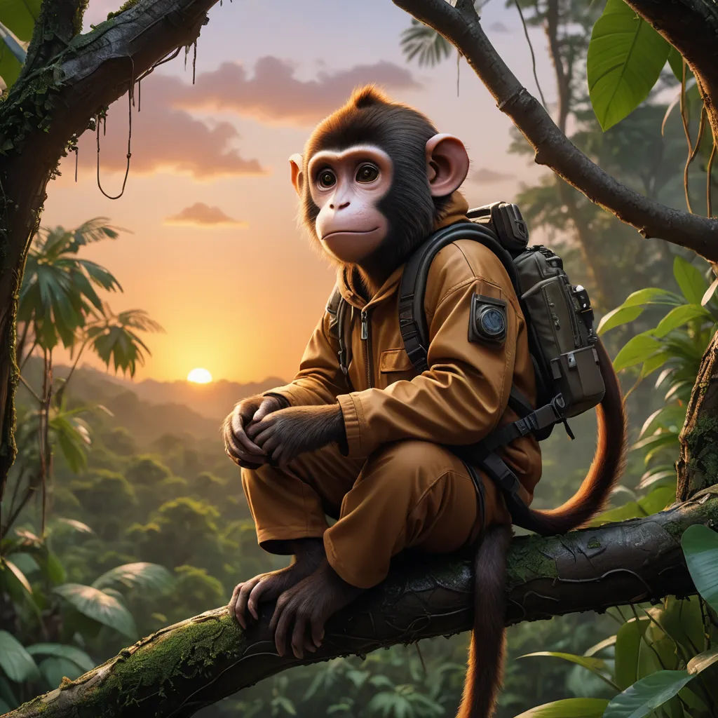 a monkey sitting on a tree branch with a backpack on it's back and a sunset in the background, primitivism, a character portrait, Chris LaBrooy, cgstudio