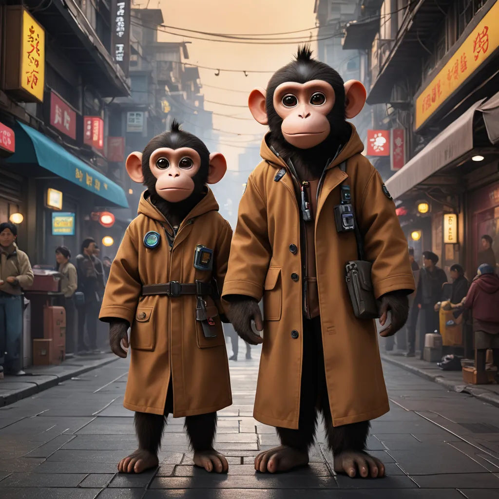 two monkeys dressed in brown coats standing on a street corner in a city with people in the background and a man in a brown coat, les automatistes, poster art, Chen Lin, promotional image