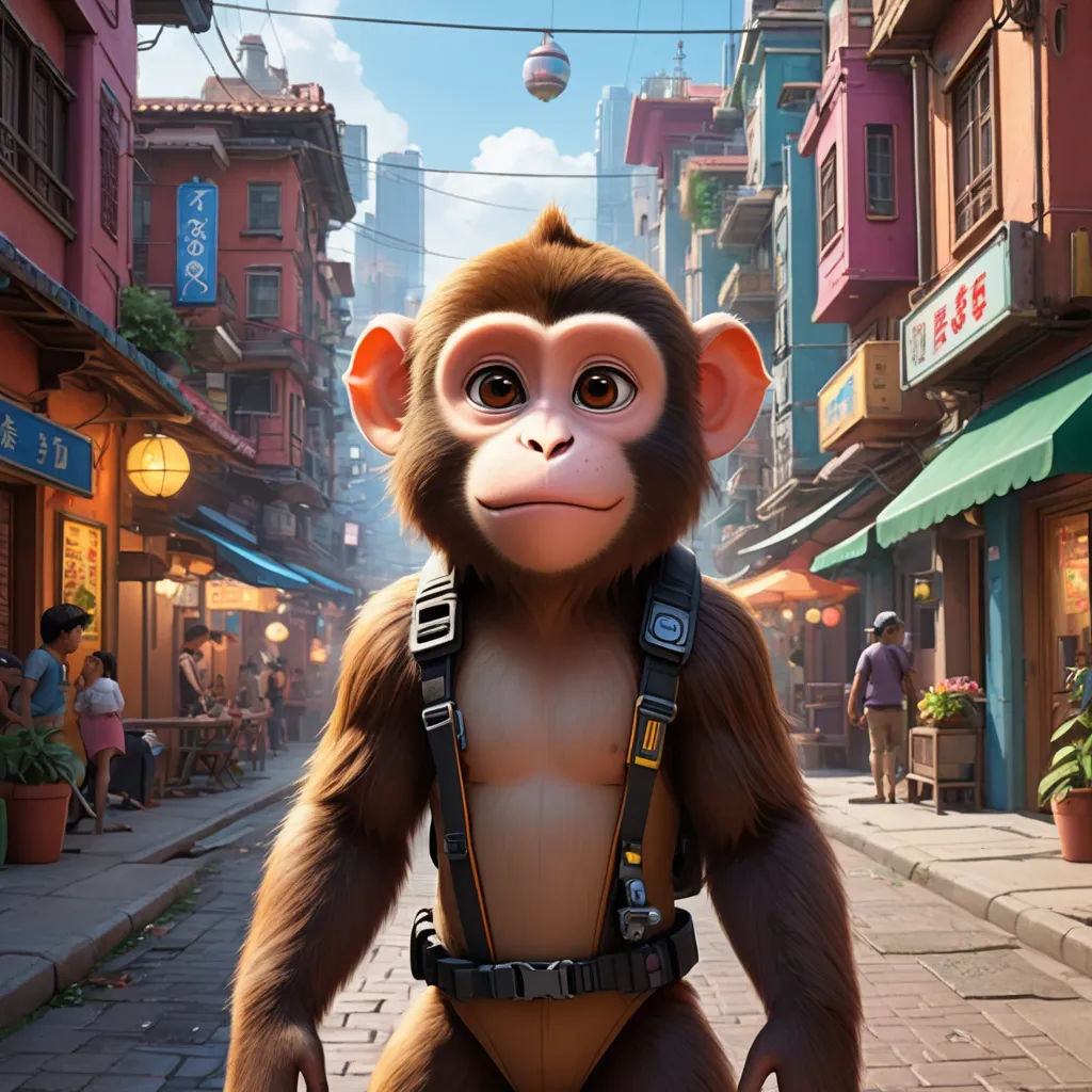 a monkey with a harness on walking down a street in a city with buildings and people in the background, furry art, a character portrait, Chris LaBrooy, cgstudio