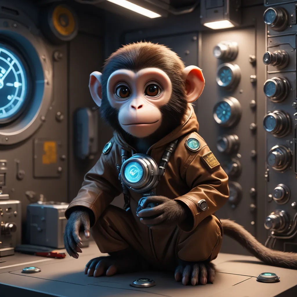 a monkey in a space suit sitting on a table in front of a clock and a machine room with a clock, space art, an ambient occlusion render, Chris LaBrooy, cgstudio