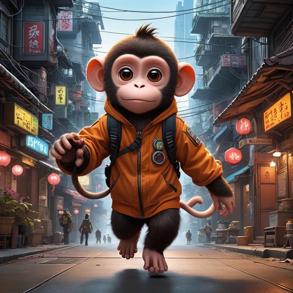 a monkey in a yellow jacket walking down a street with a backpack on it's back and a man in a yellow jacket behind him, space art, poster art, Chris LaBrooy, cgstudio