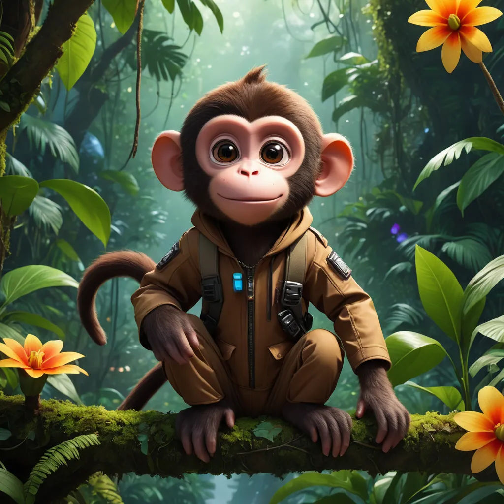 a monkey in a jungle with a backpack on his back sitting on a branch in front of a flower, space art, a character portrait, Chris LaBrooy, cgstudio