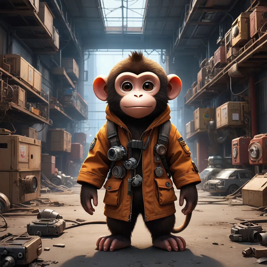 a monkey in a yellow jacket standing in a warehouse with a camera on his chest and a camera on his shoulder, photorealism, poster art, Chris LaBrooy, cgstudio