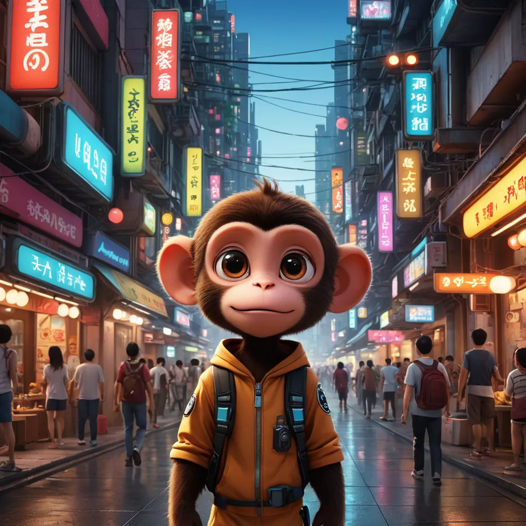a monkey in a yellow jacket standing in a city street with people and signs in the background and a neon sign, photorealism, poster art, Chris LaBrooy, cgstudio