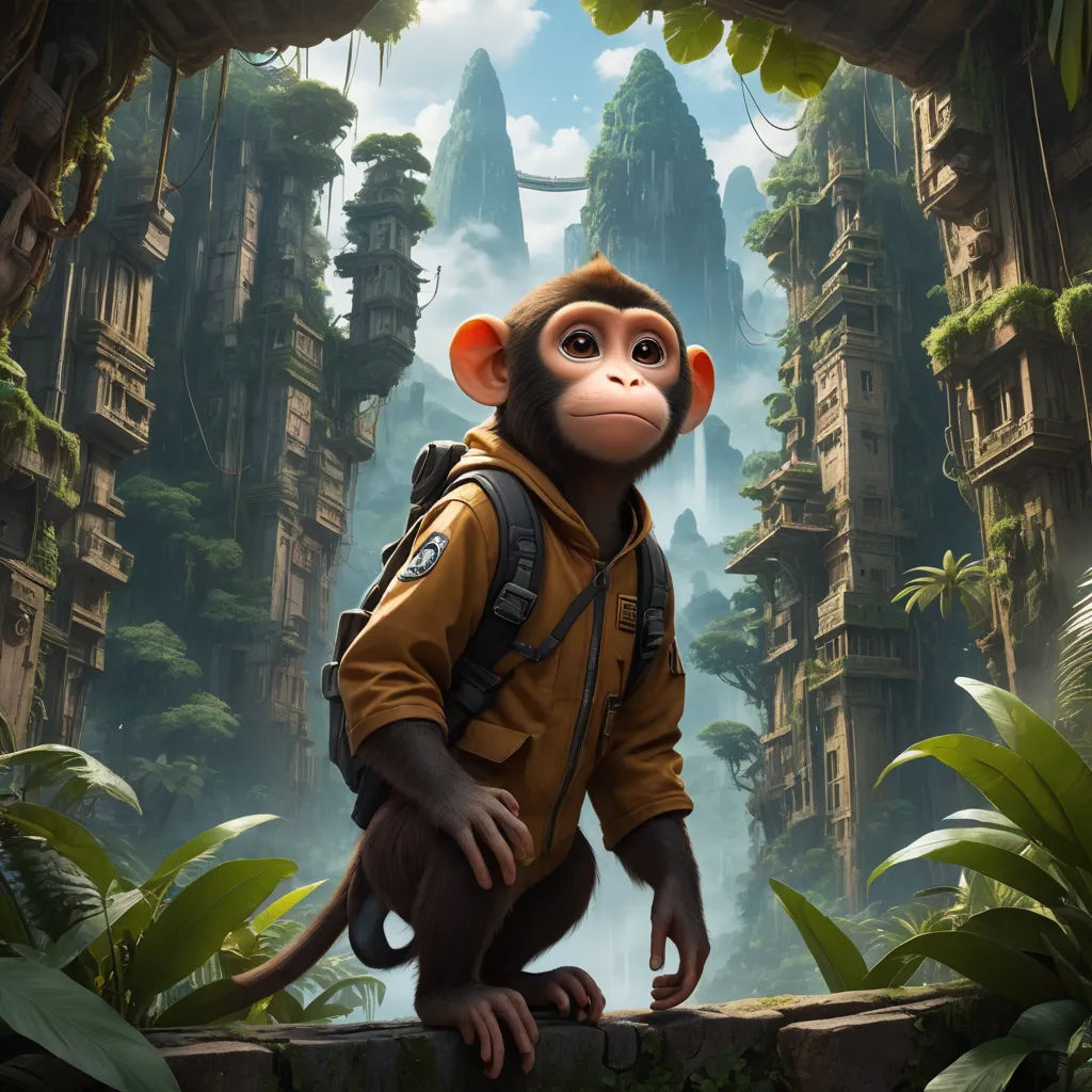 a monkey in a yellow jacket is standing in a jungle with a backpack on his back and a jungle background, fantasy art, a detailed matte painting, Chris LaBrooy, cgstudio