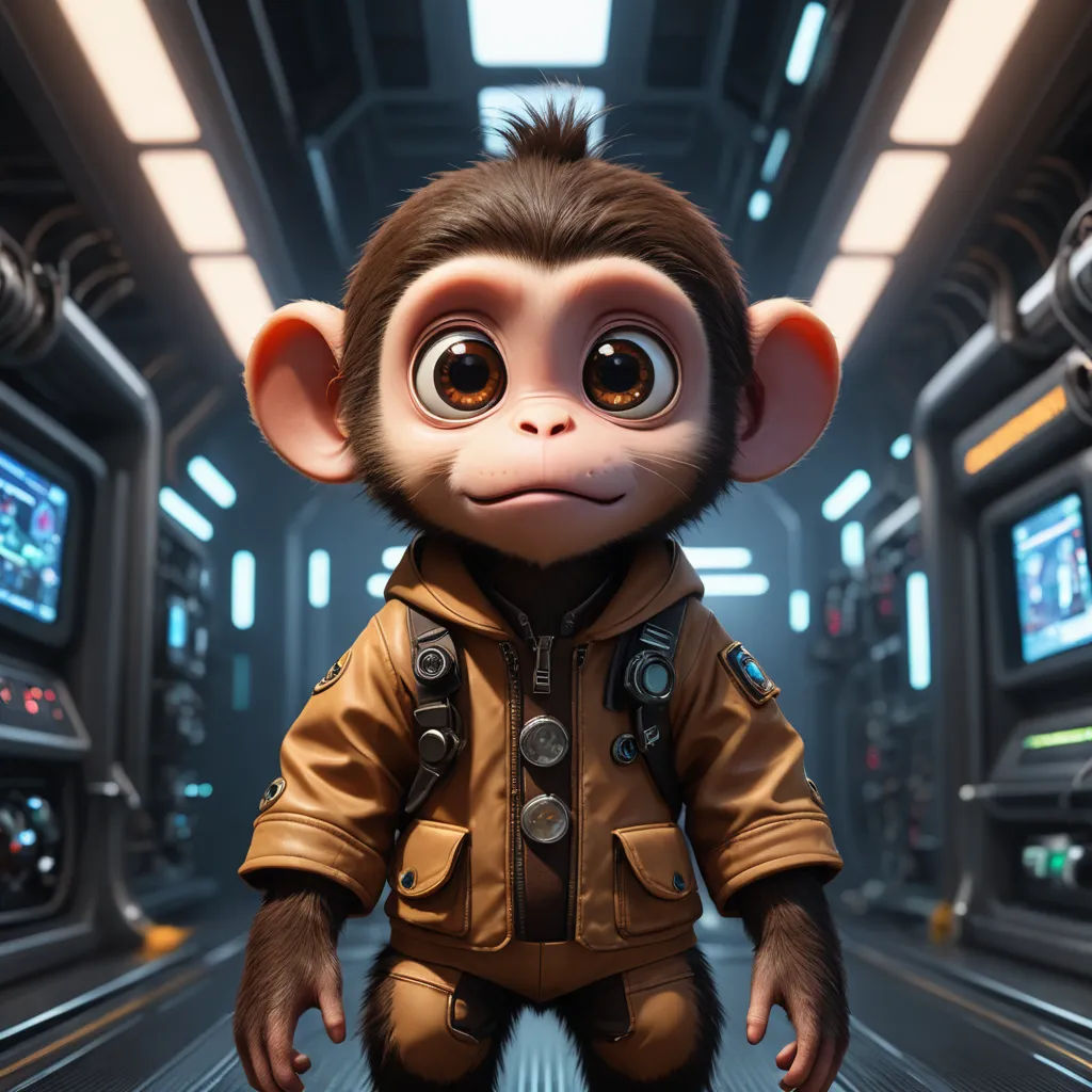 a monkey in a brown jacket standing in a space station with a monitor screen in the background and a television screen in the background, space art, a character portrait, Chris LaBrooy, cgstudio