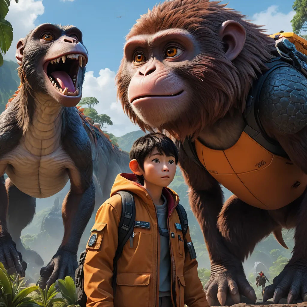 a boy and a monkey in a scene from the movie journey 2 the mysterious planet of the dinosaurs, with a man and a gorilla, neo-primitivism, a poster, Adam Rex, promotional image