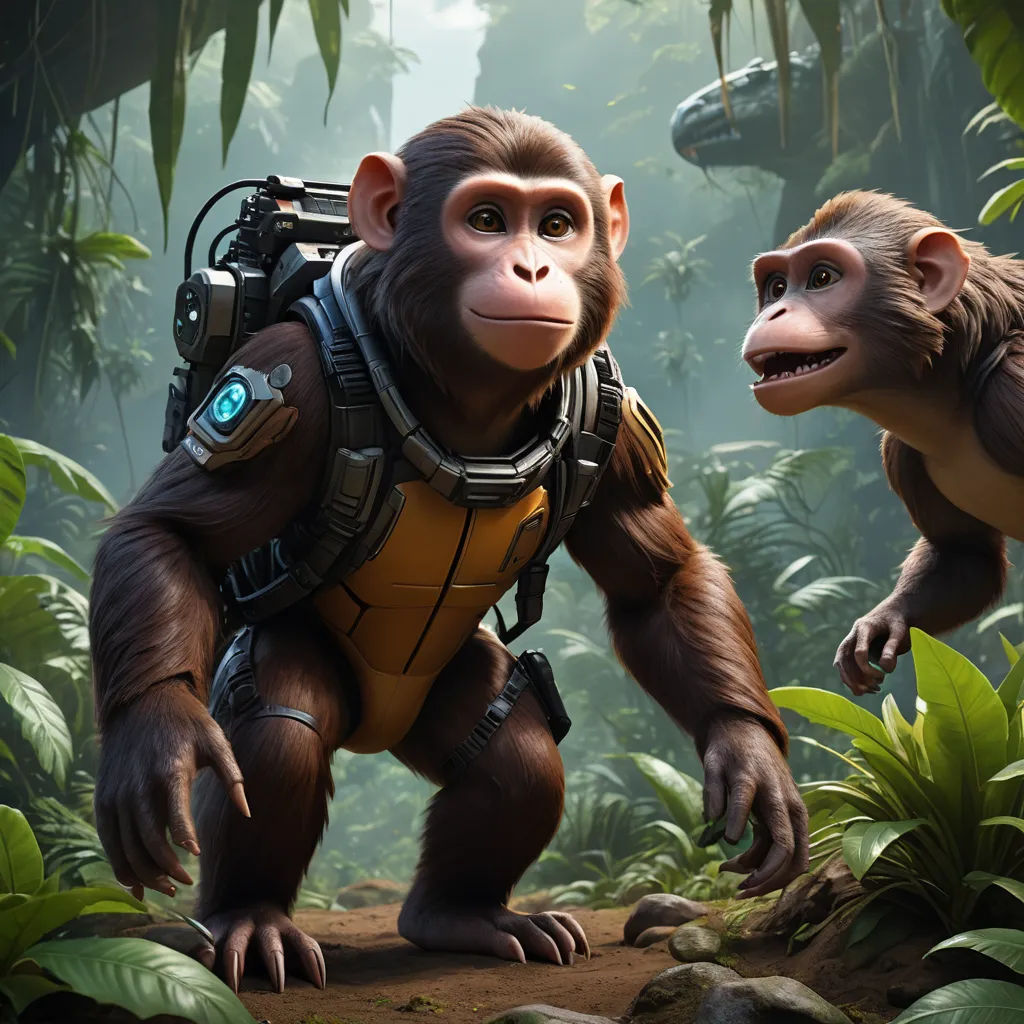 a monkey and a gorilla in a jungle with a camera on its back, and a man in a suit on his back, furry art, concept art, Chris LaBrooy, unreal 5