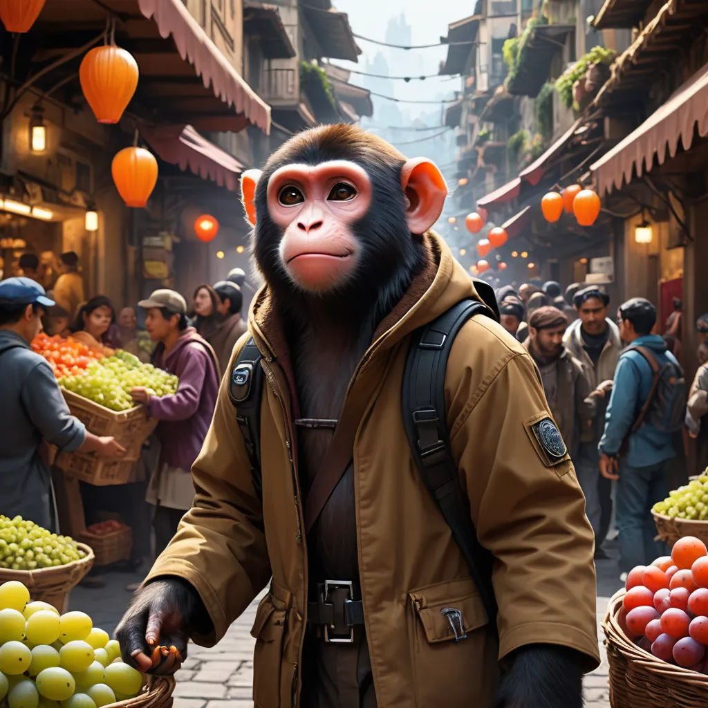 a monkey in a brown jacket holding a basket of fruit in a crowded street market area with people walking around, afrofuturism, a character portrait, Chris LaBrooy, vfx