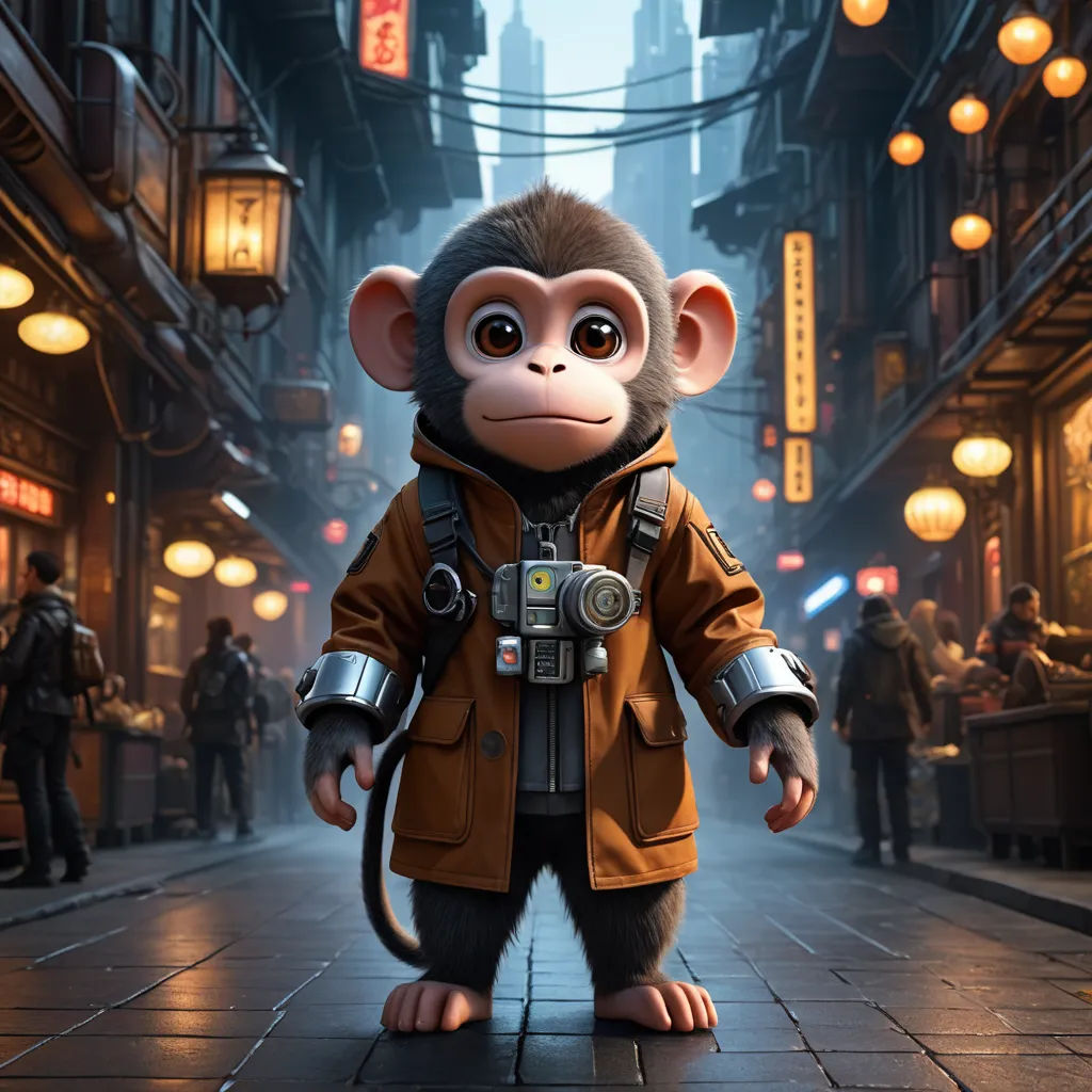 a monkey in a brown jacket and a camera on a city street with people in the background and lanterns, afrofuturism, a character portrait, Chris LaBrooy, cgstudio