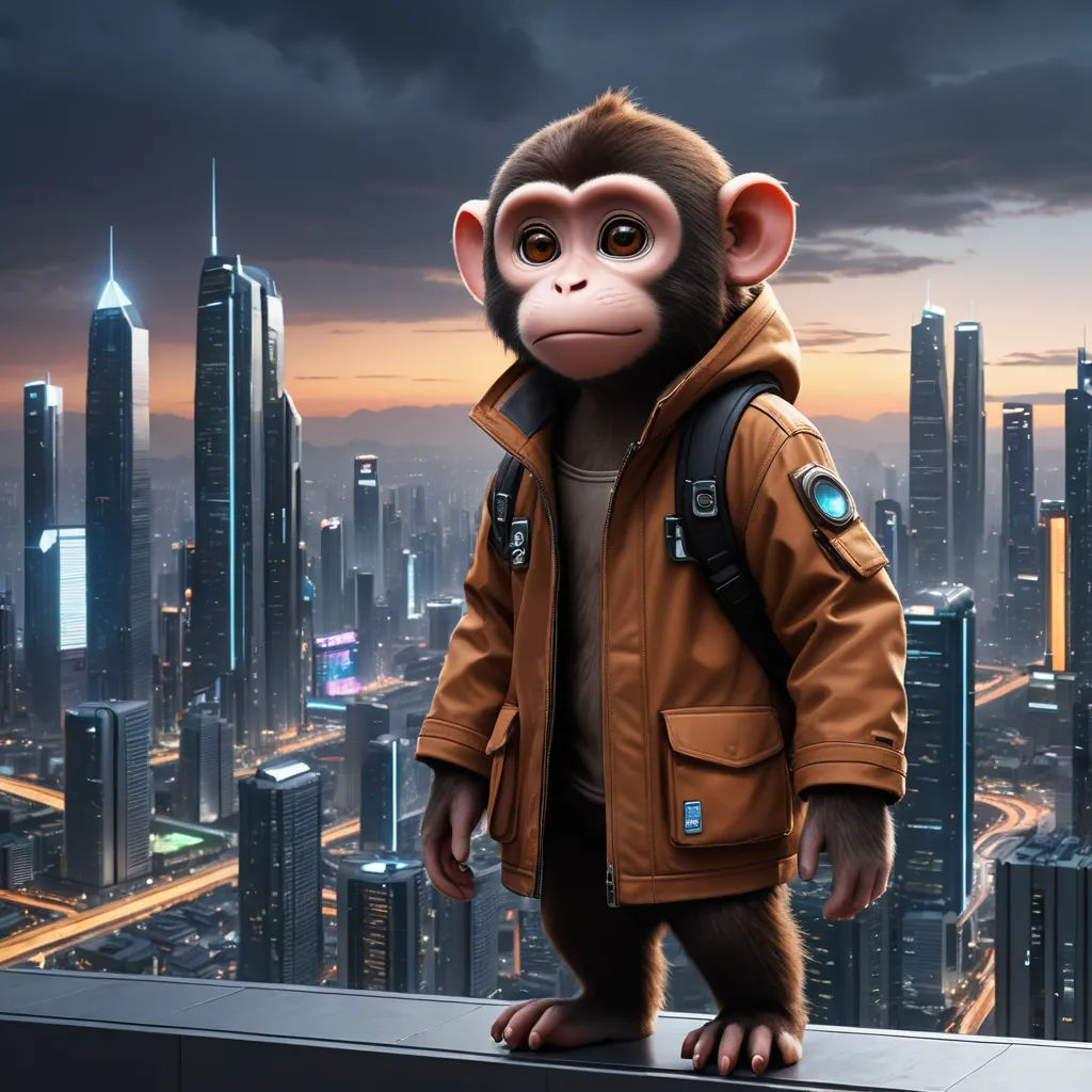 a monkey in a brown jacket standing on a ledge in front of a cityscape with a cloudy sky, retrofuturism, a character portrait, Chris LaBrooy, cgstudio