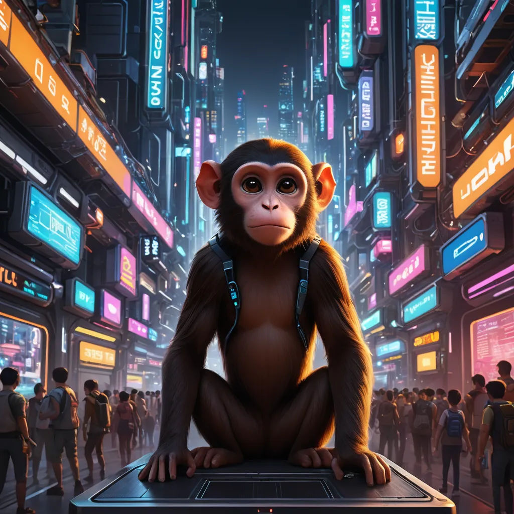 a monkey sitting on top of a laptop computer in a crowded city at night with neon signs and buildings, retrofuturism, cyberpunk art, Chris LaBrooy, cgstudio