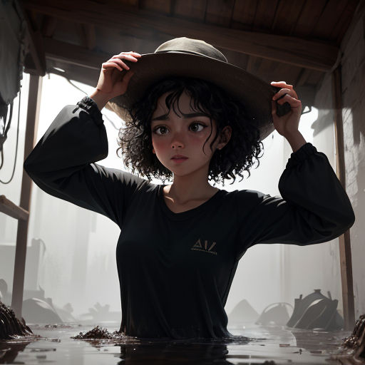 a woman in a hat is standing in a room with a mirror and a table with a bottle of water