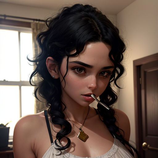 a woman with a necklace on her neck and a pen in her mouth, in a room with a window