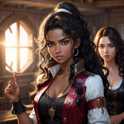 a woman in a pirate costume pointing at something while another woman looks on in the background with a gun