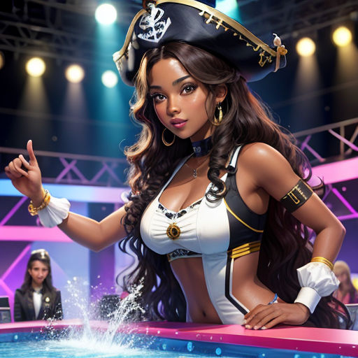 a woman in a pirate costume standing in front of a pool of water with a man in the background