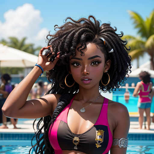a woman in a bikini standing in front of a pool with people in the background and a blue sky