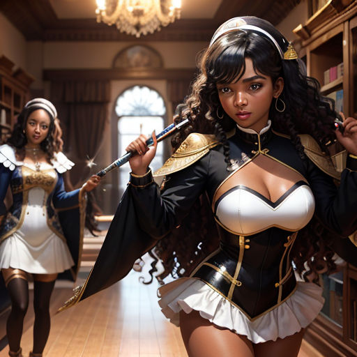 a woman in a costume is holding a sword in a library with two other women in costume behind her