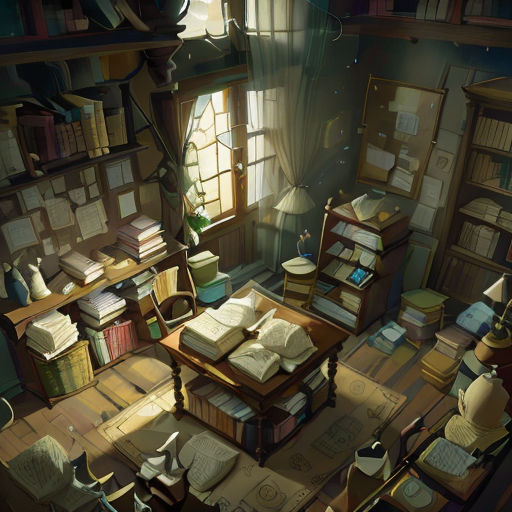 a room with a lot of books and a desk with a lamp on it and a window with a light shining in