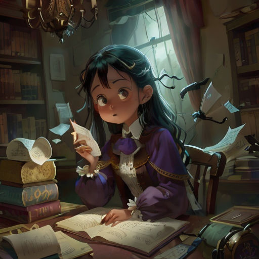 a girl sitting at a table with books and a magnifying glass in her hand and a book in her other hand