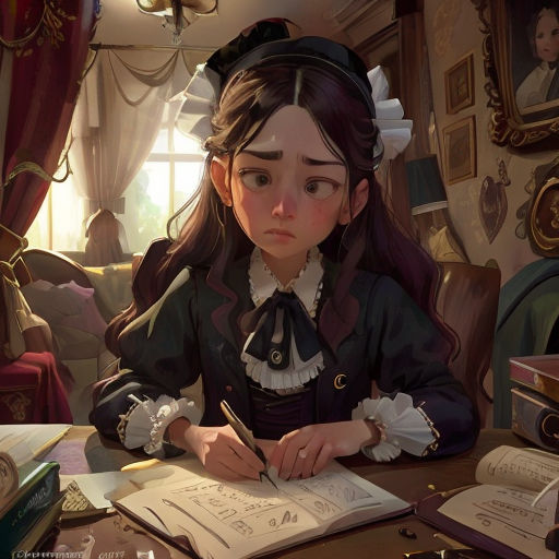 a girl sitting at a desk writing on a book with a pen and paper in front of her and a window