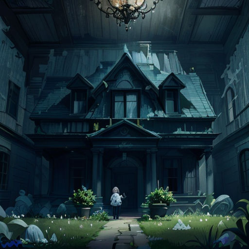 a person standing in front of a house at night with a light on the ceiling and a chandelier hanging from the ceiling