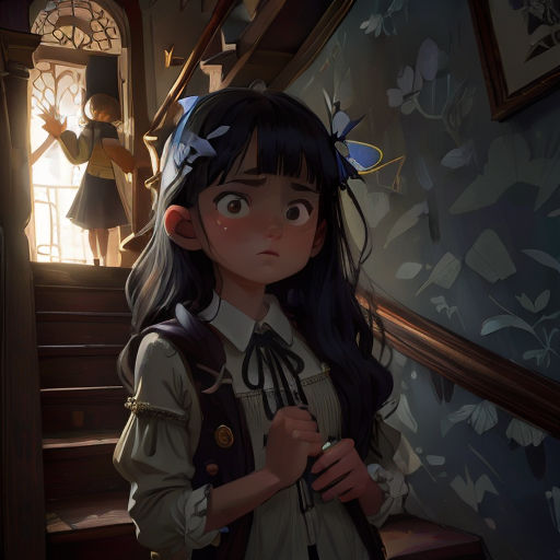 a girl standing in a hallway next to a staircase with a clock on the wall and a window behind her