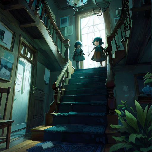 a couple of kids standing on a set of stairs in a house with a clock on the wall and a door