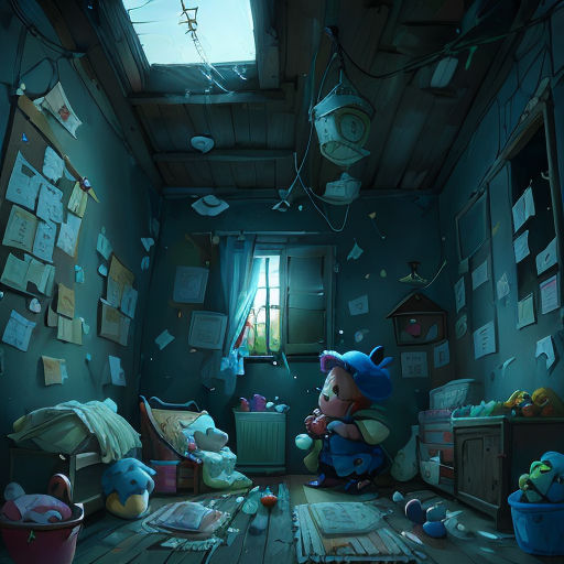 a room with a teddy bear and other toys in it and a skylight above it and a window