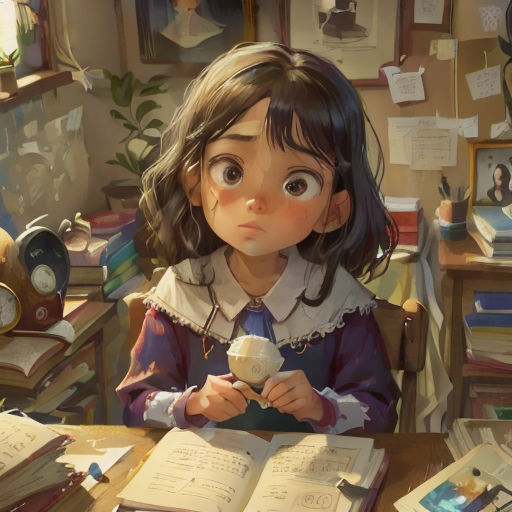 a little girl sitting at a desk with a cup of coffee and a book in front of her, looking at the camera