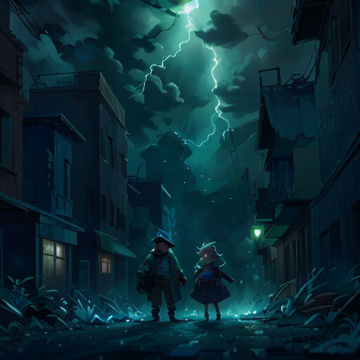 two people standing in a dark alley under a lightning storm with a green light shining down on them and a dark sky