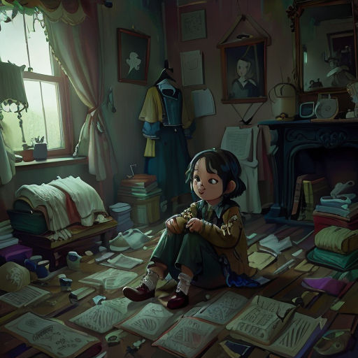 a girl sitting on the floor in a room with books and papers on the floor and a fireplace in the background