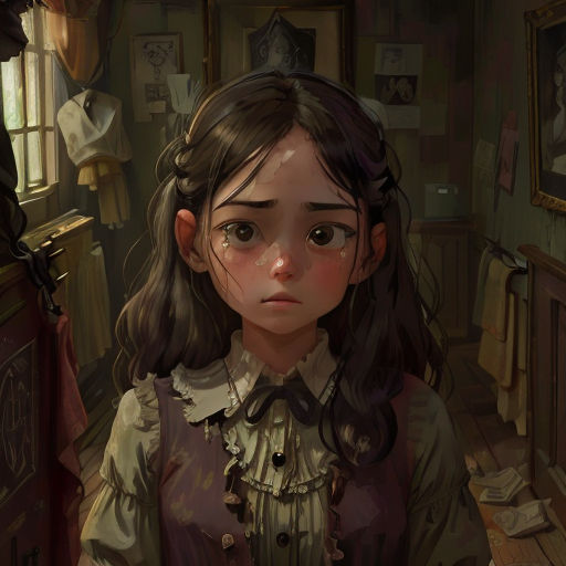 a girl with long hair and a green shirt is standing in a room with a clock on the wall