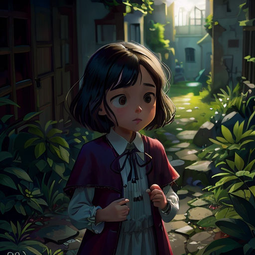 a little girl standing in a garden with a house in the background and a path leading to the house