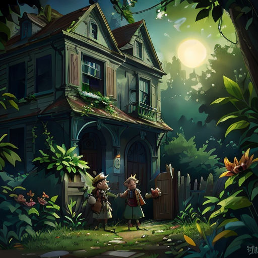 a painting of two people in front of a house in the woods at night with a full moon in the background