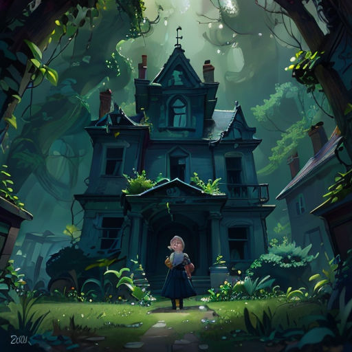 a girl standing in front of a creepy house in a forest with a creepy light coming from the window