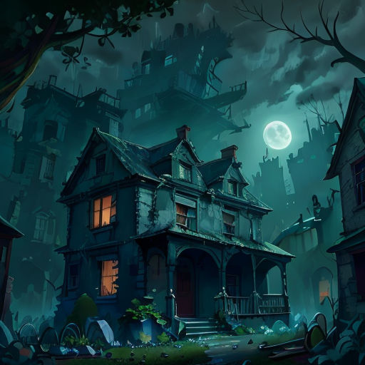 a creepy house with a full moon in the background and a creepy tree in the foreground, with a creepy sky and a full moon in the background