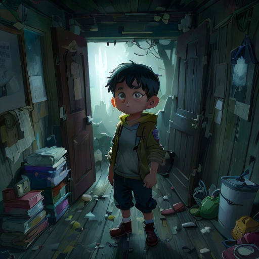 a boy standing in a doorway of a room with a bunch of books on the floor and a backpack on his shoulder