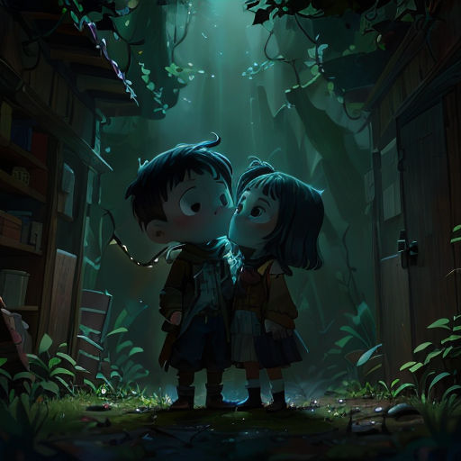 a couple of kids standing next to each other in a forest with a light shining on them and a book shelf