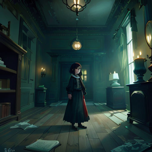 a girl standing in a dark room with a bookcase and a lamp on the ceiling and a book case in the corner