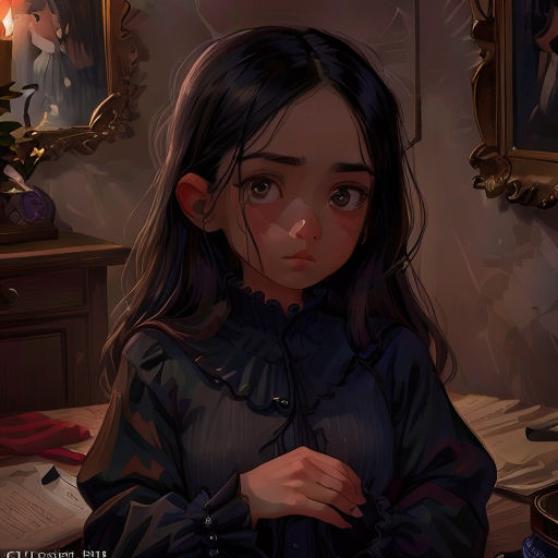 a girl in a black shirt is standing in a room with a mirror and a lamp on the wall