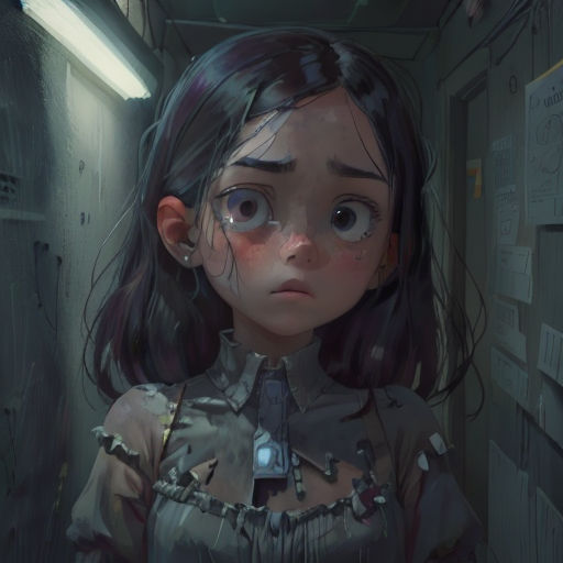 a girl with a creepy look on her face in a hallway with papers on the walls and a door
