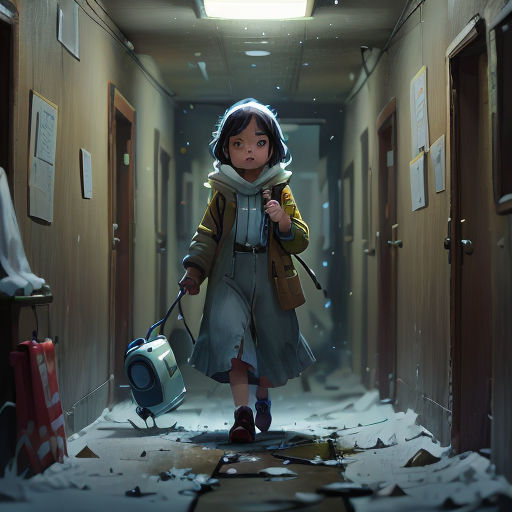 a little girl walking down a hallway with a suitcase and a suitcase bag on a leash and a suitcase