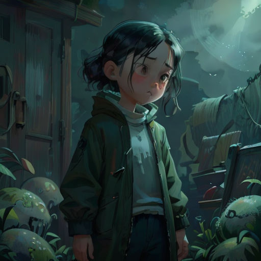 a girl standing in a dark forest with a creepy creature in the background and a creepy creature in the background