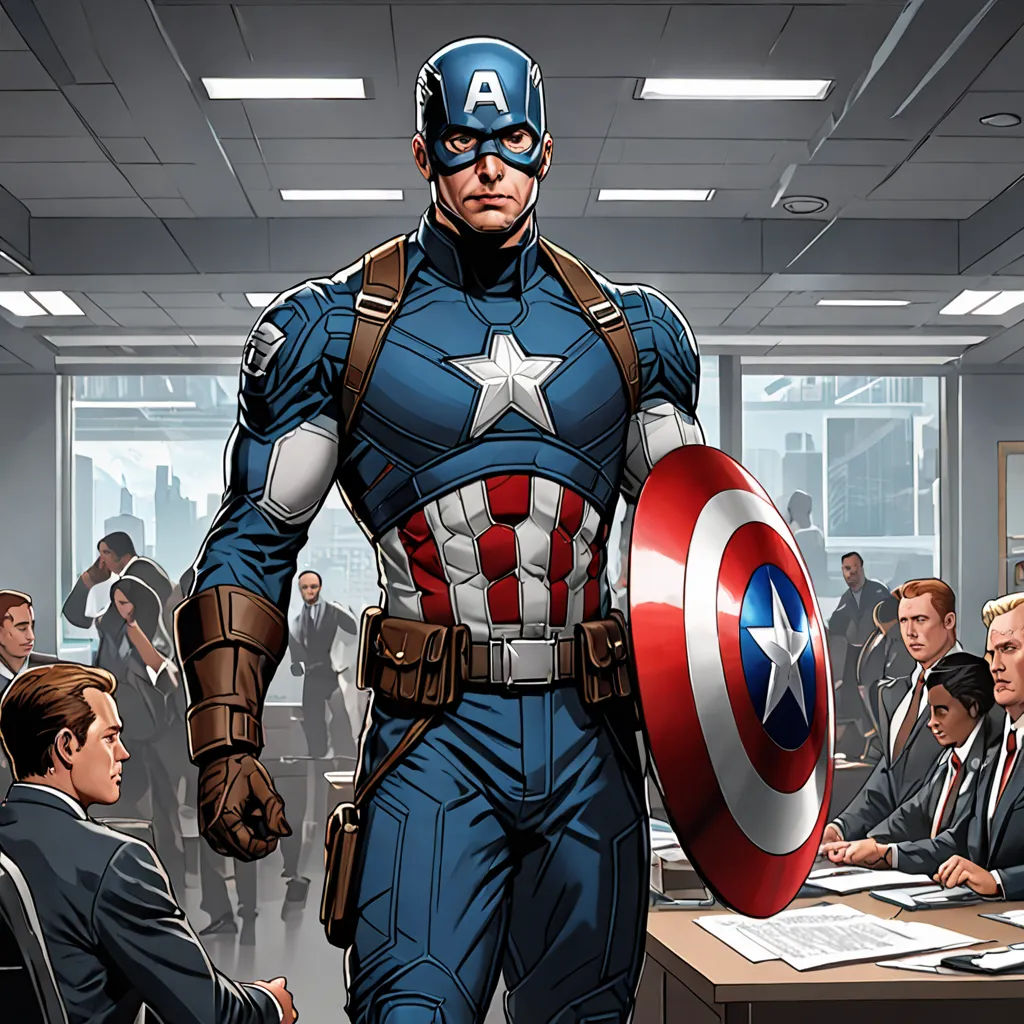 a captain america cartoon standing in front of a group of people in a meeting room with a captain america shield, Americo Makk, american scene painting, a comic book panel, marvel comics