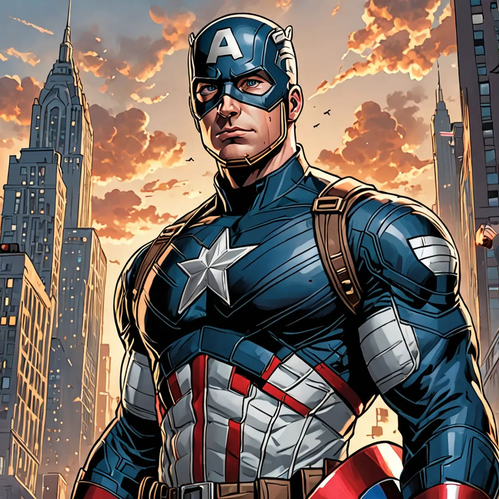 a man in a captain america suit standing in front of a city skyline with a red, white and blue suit, Americo Makk, american romanticism, a comic book panel, marvel comics