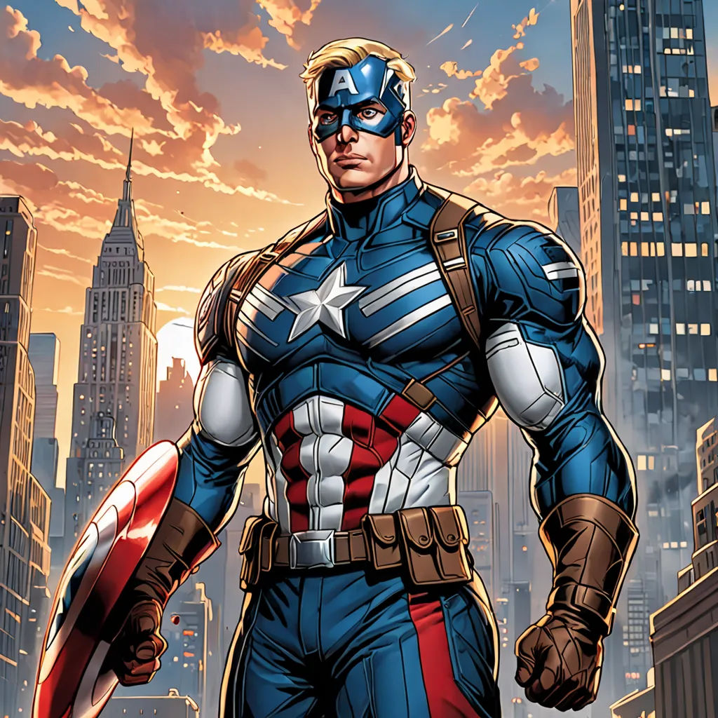 a man in a captain america suit standing in front of a city skyline with a sunset in the background, Americo Makk, antipodeans, a comic book panel, marvel comics