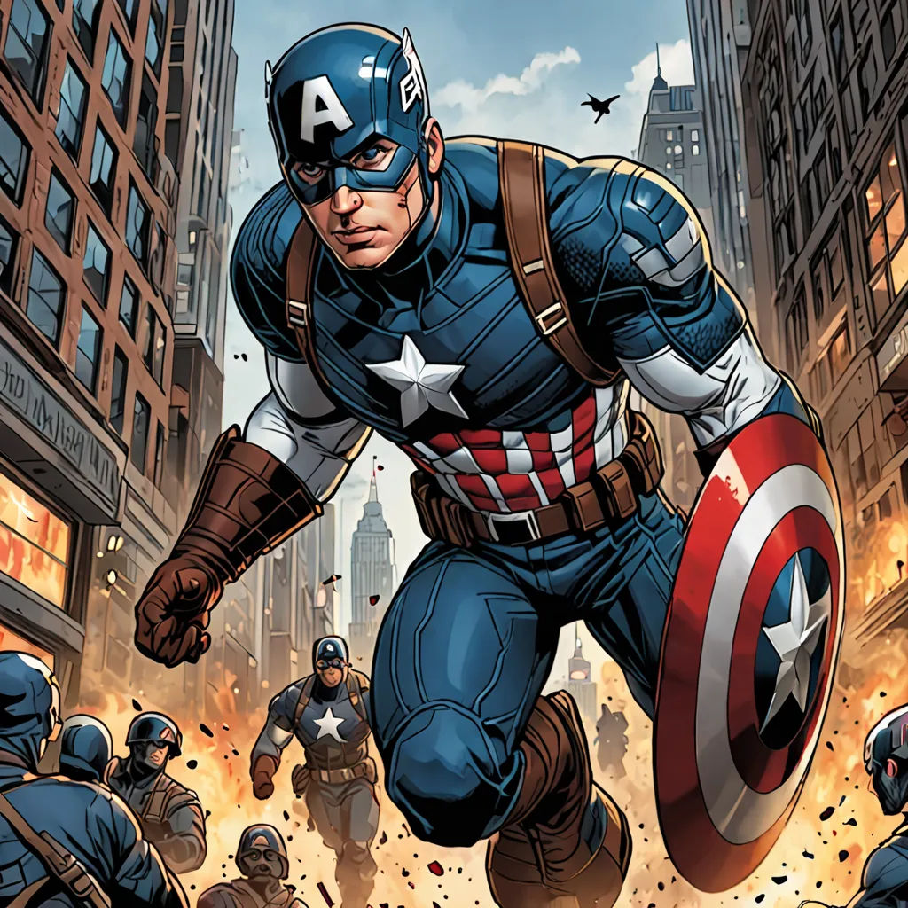 a cartoon of a captain america running through a city street with other people in the background and a fire in the air, Americo Makk, photorealism, a comic book panel, marvel comics
