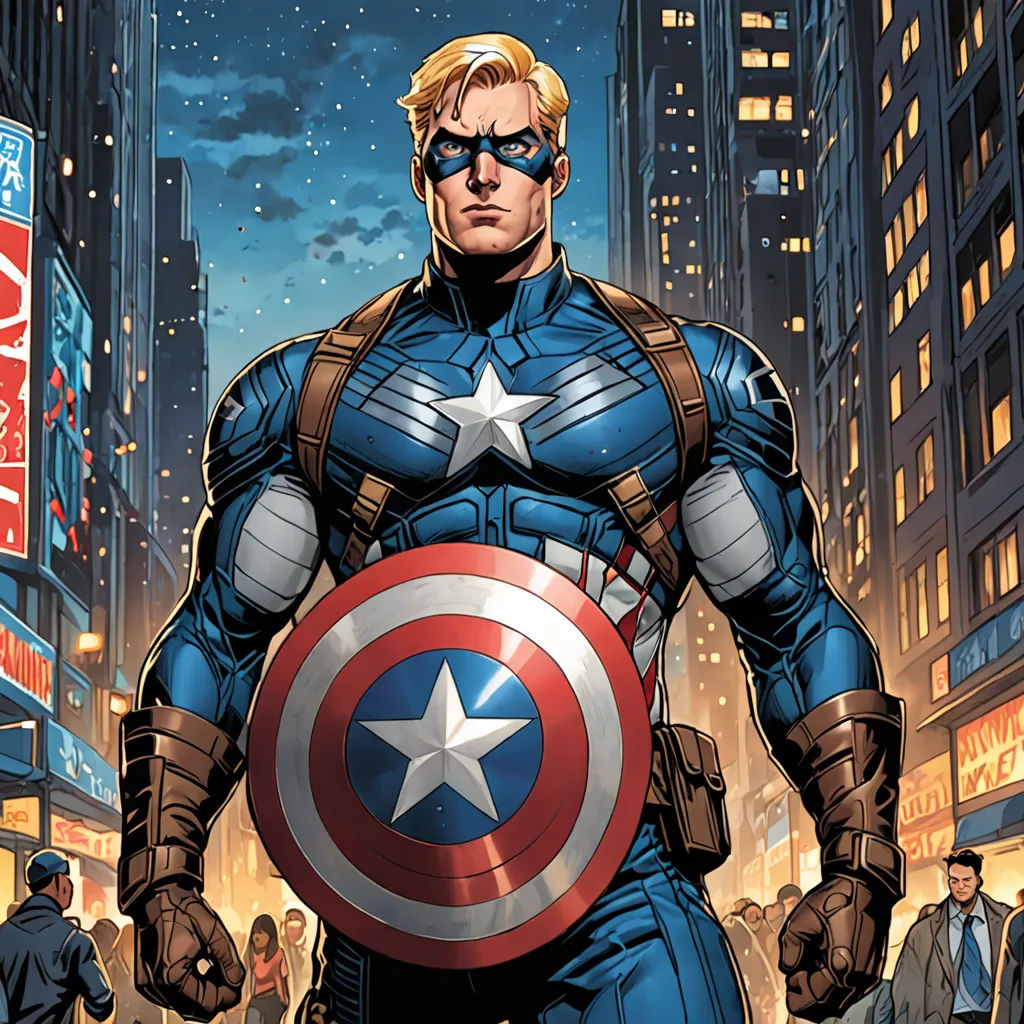 a man in a captain america costume standing in a city street at night with a giant shield on his chest, Americo Makk, american romanticism, a comic book panel, marvel comics